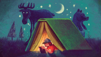 Girl in tent reading while bear and moose stand behind