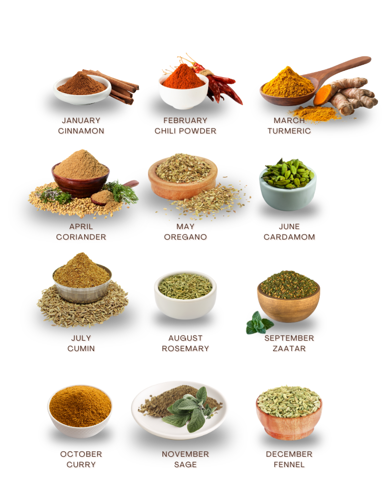 List of the Spices. They are in order of month: January: Cinnamon, Februrary: Chili powder, March: Turmeric, April: Coriander, May: Oregano, June: Cardamom, July: Cumin, August: Rosemary, September: Zaatar, October: Curry powder, November: Sage, December: Fennel 