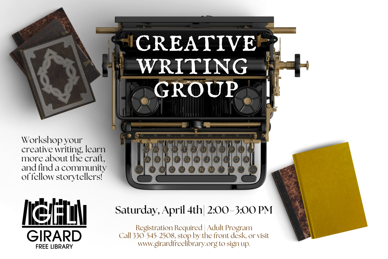 Creative Writing Group details, including the date, April 4th at 2 PM.