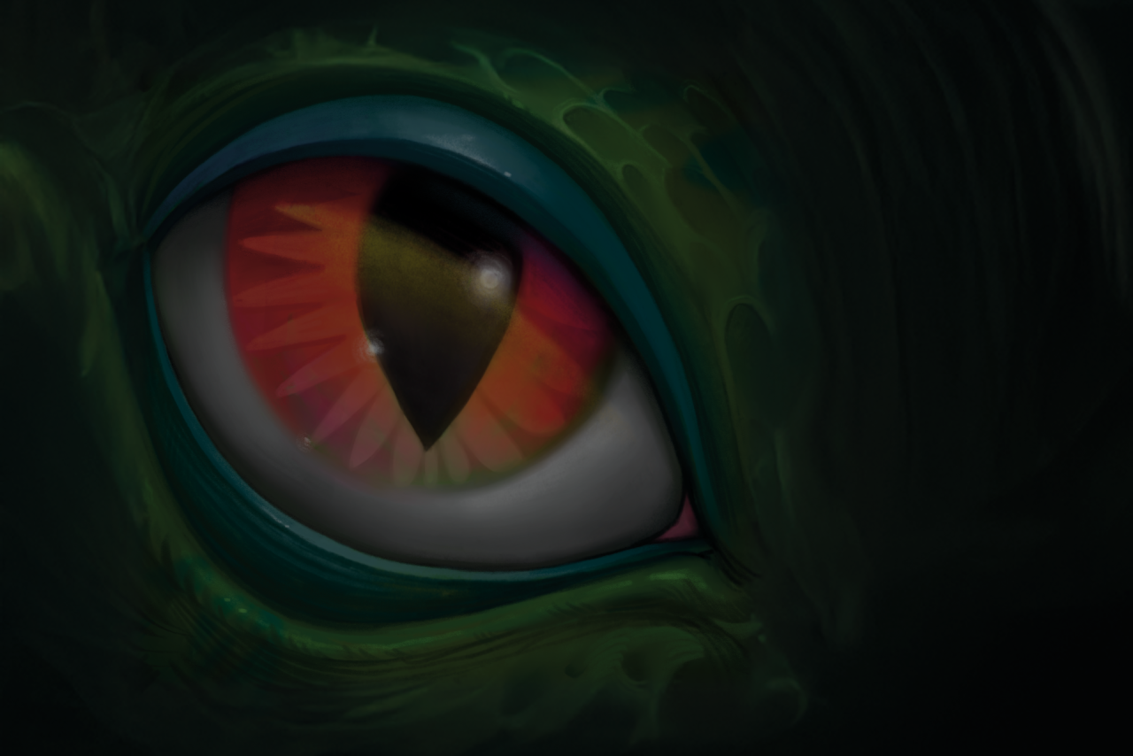 a red dinosaur eye coming out of a black shadowed background