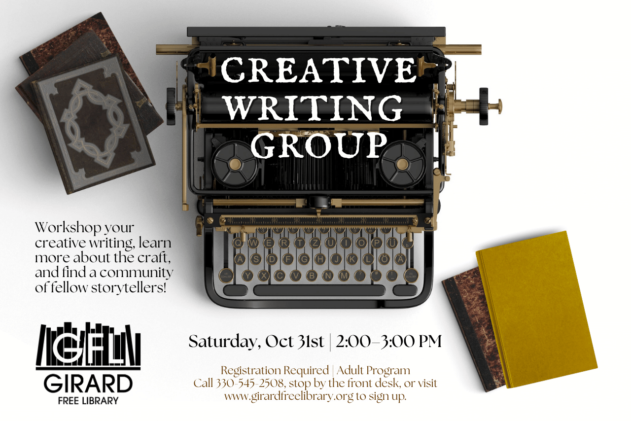 Creative Writing Group details, including the date, October 31st at 2 PM.