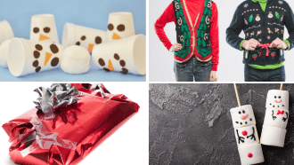 Grid with an image of ugly Christmas sweaters, a badly wrapped gift, cups decorated as snowmen, and snowmen made out of marshmallows