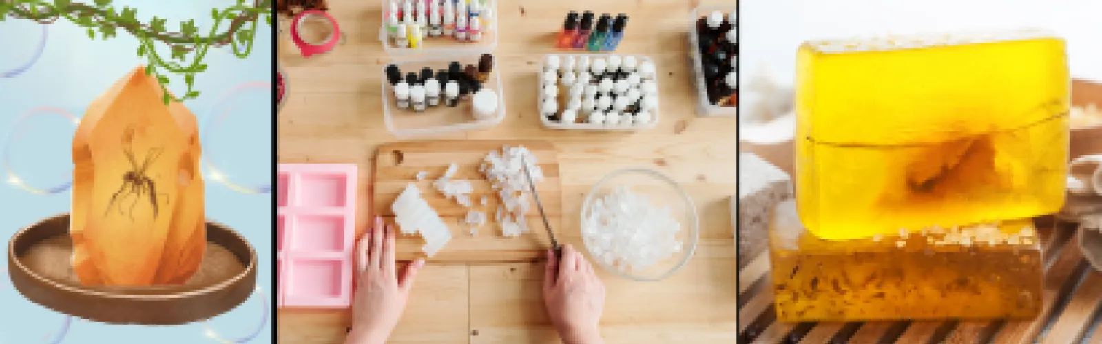Depictions of amber colored soap (one with a mosquito in it) surround a picture of a simple soap making set up with molds, glycerin, and coloring.