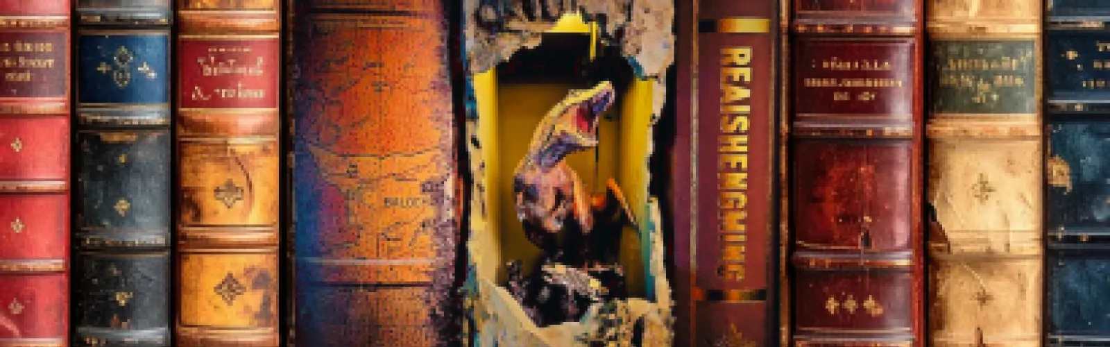 jurassic themed book nook with a t rex on a shelf of books