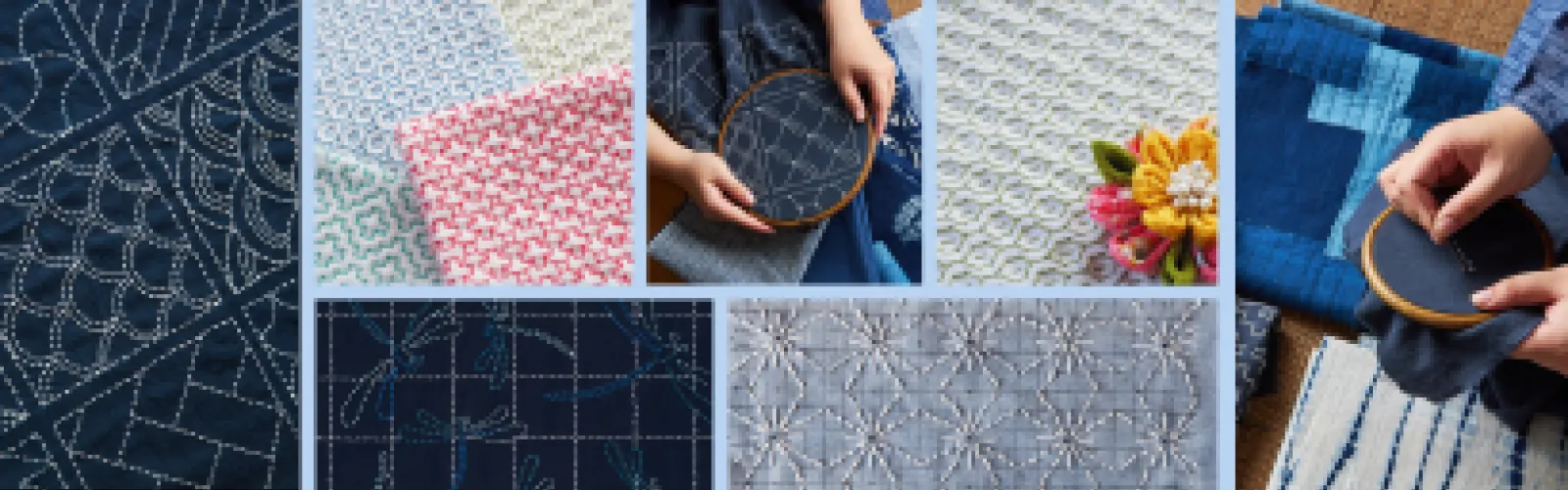 Different examples of Sashiko, a Japanese mending method.