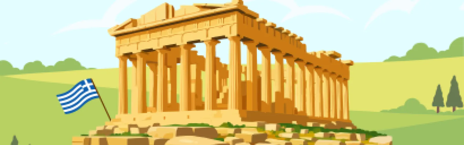 Cartoon parthenon with a greek flag outside