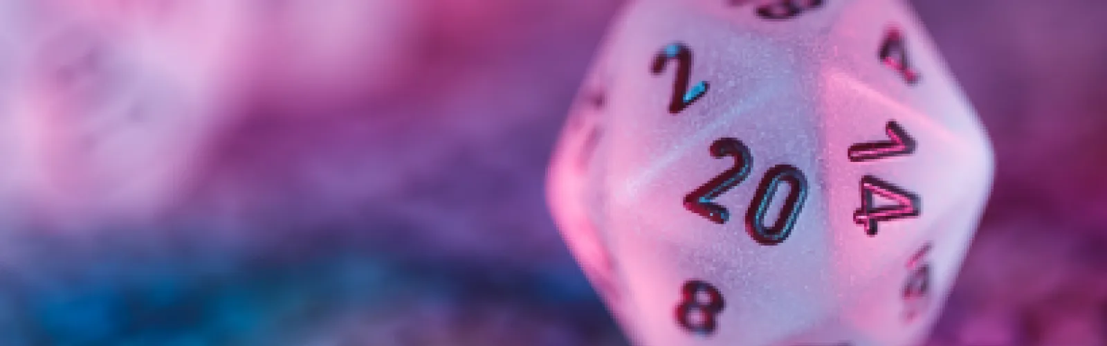 White D20 dice on a gameboard with purple and blue lighting