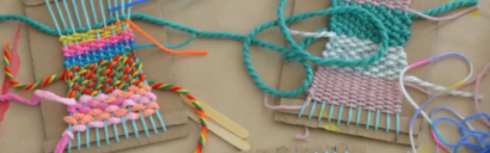 Colorful coasters made on cardboard looms
