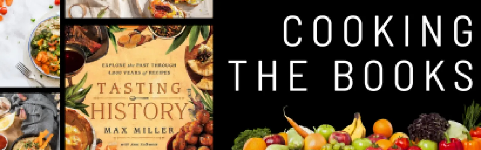 Cooking the Books graphic with the book Tasting History and other cooking images.