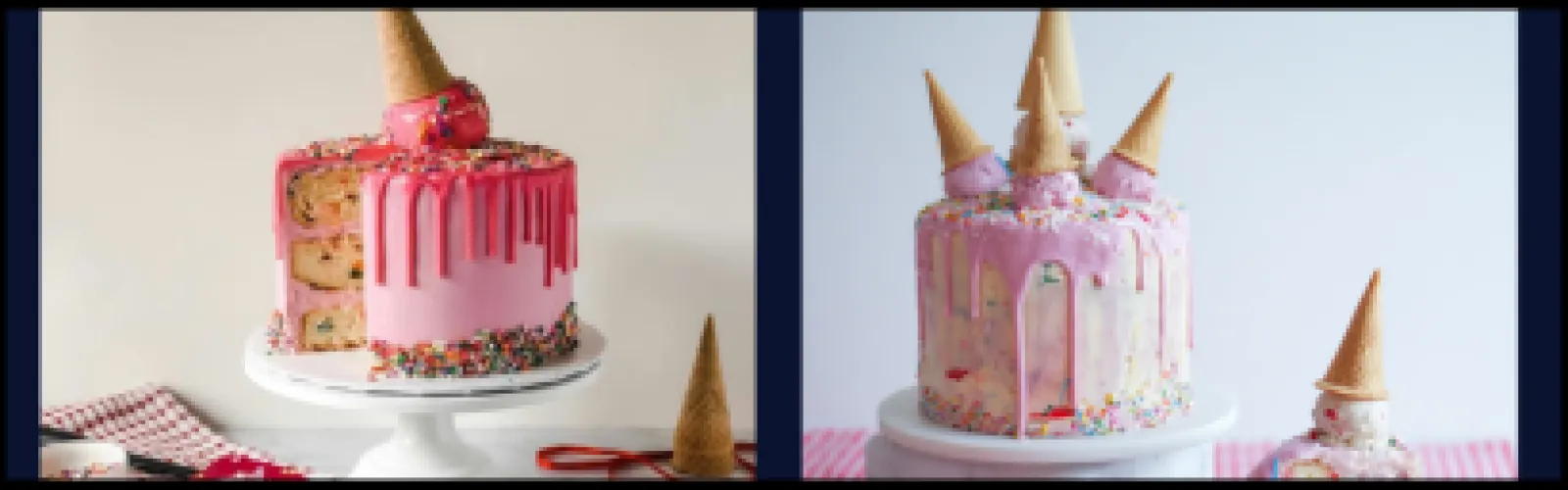 Two pink traditional cakes with an ice cream theme.