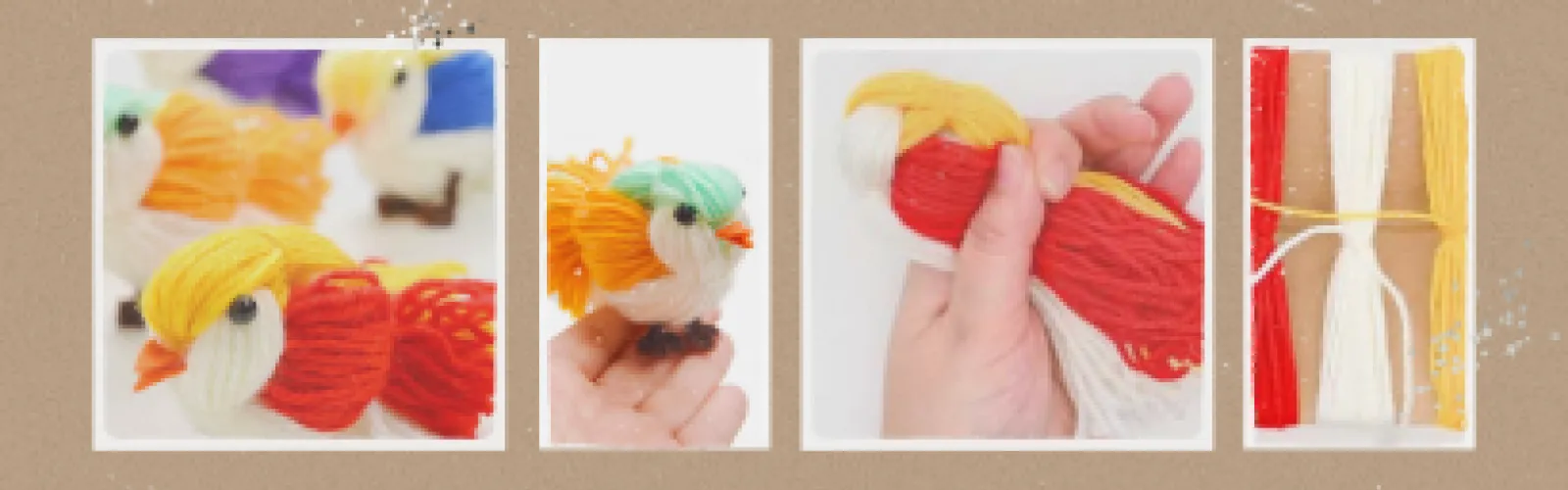 Four instances in the process of making a yarn bird