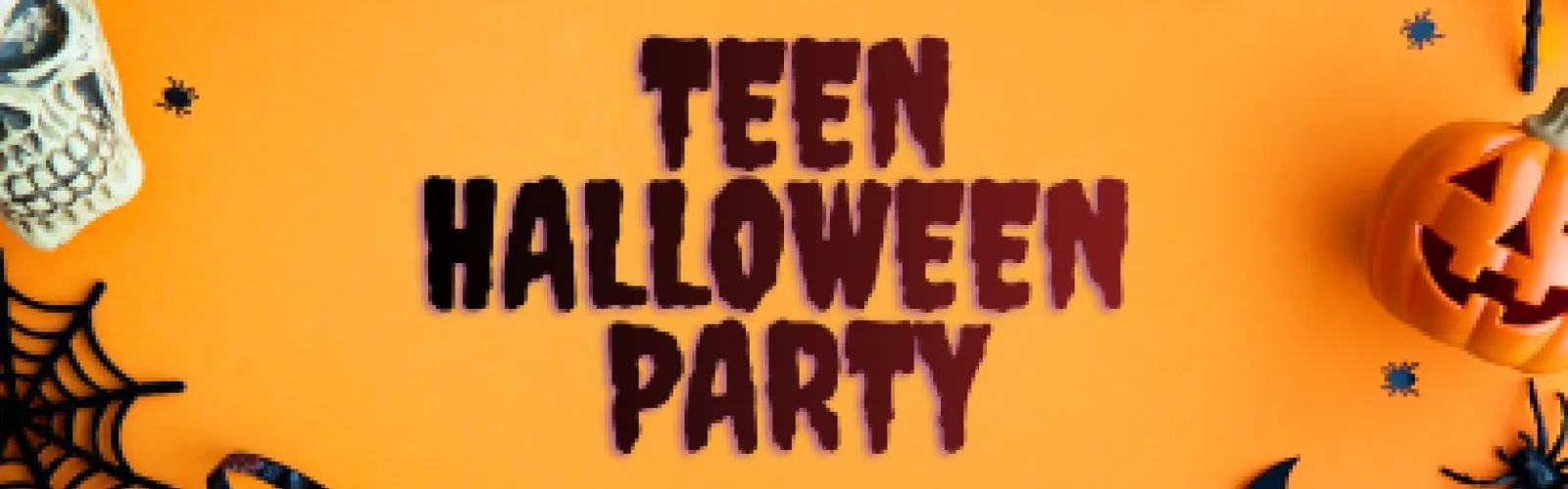 title, teen halloween party, on yellow-orange backdrop with halloween decor