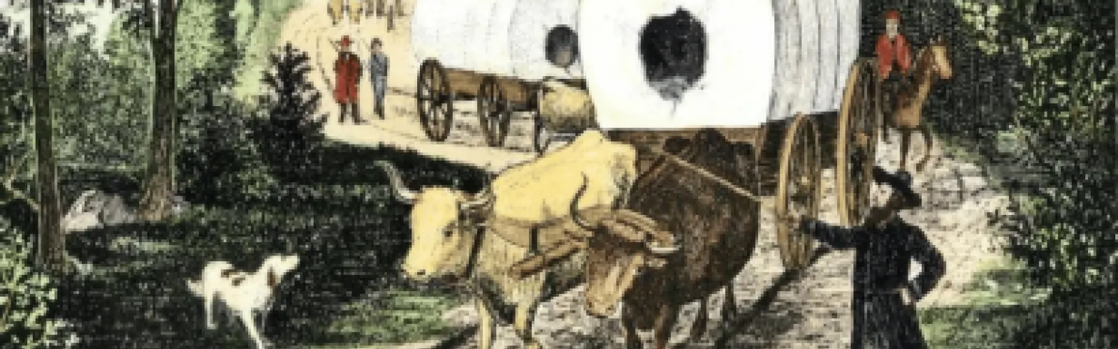 Painting of the journey to ohio in 1810, with covered wagons and period dressed people.