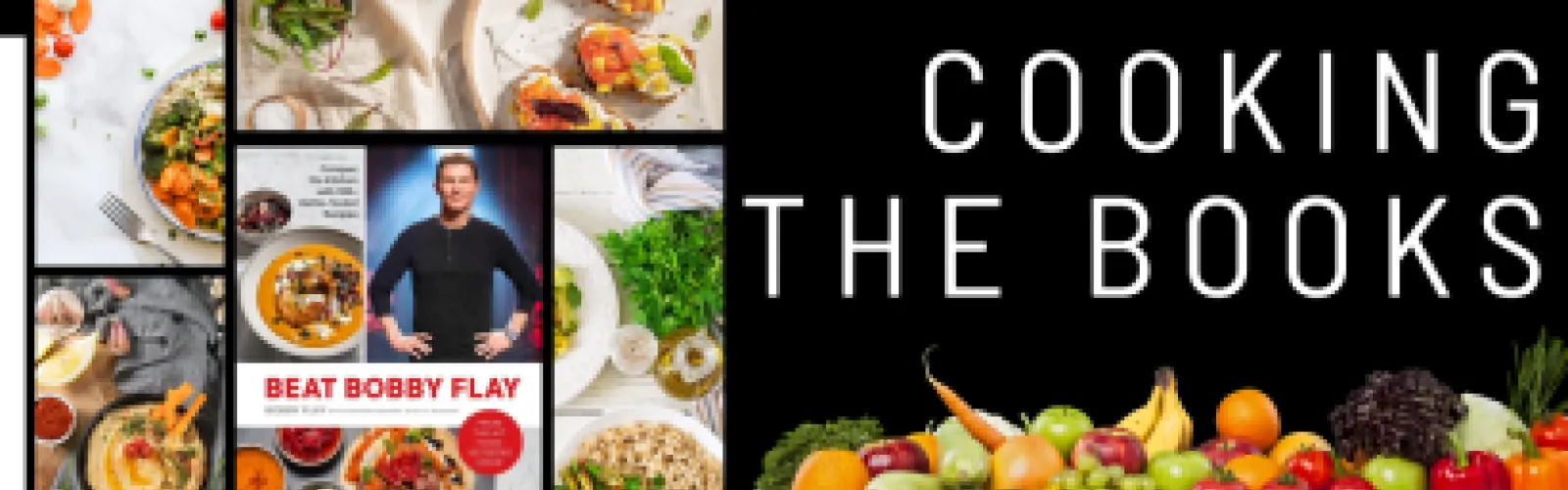 Cooking the Books graphic with Beating Bobby Flay and other cooking images.