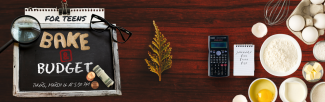 Bake and Budget program banner graphic with calculator, baking ingredients, and information.
