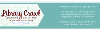 Library Crawl for National Library Card Sign Up Month. Visit all 6 Clevnet libraries in trumbull county to be entered for a prize.